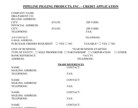 Pipeline Pigging Products Credit Application